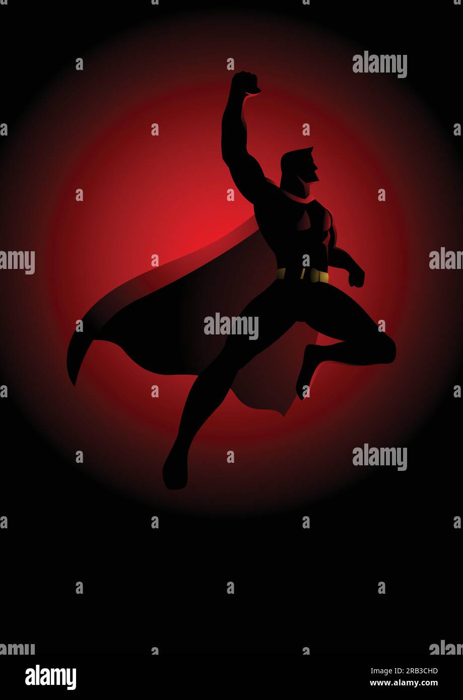 La silhouette dei cartoni animati di un supereroe che vola su uno sfondo rosso spettacolare Illustrazione Vettoriale