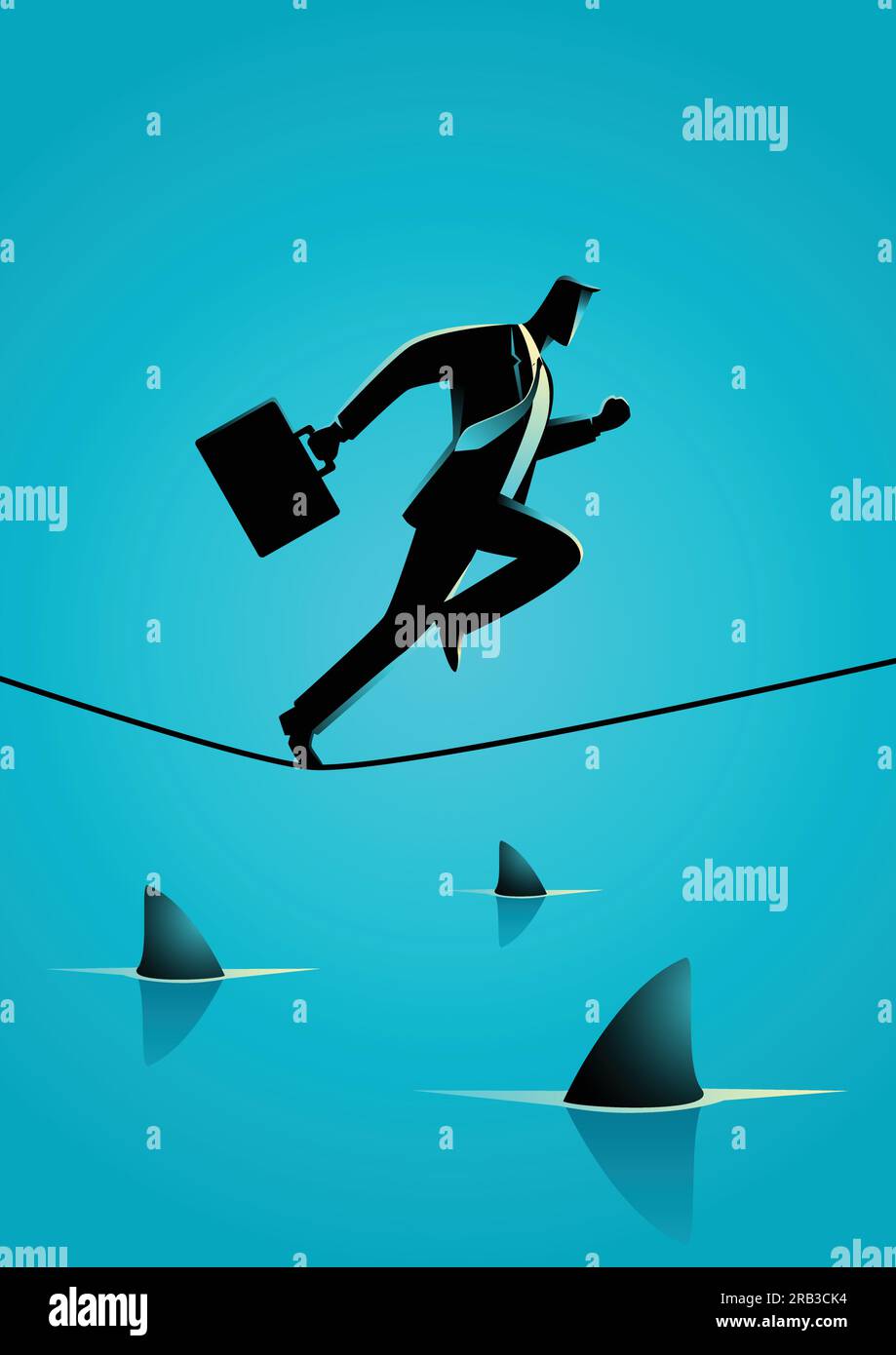 Illustrazione della silhouette di un uomo d'affari che corre su corda con squali sotto. Concetto di rischio di presa, coraggio, opportunità nel commercio Illustrazione Vettoriale