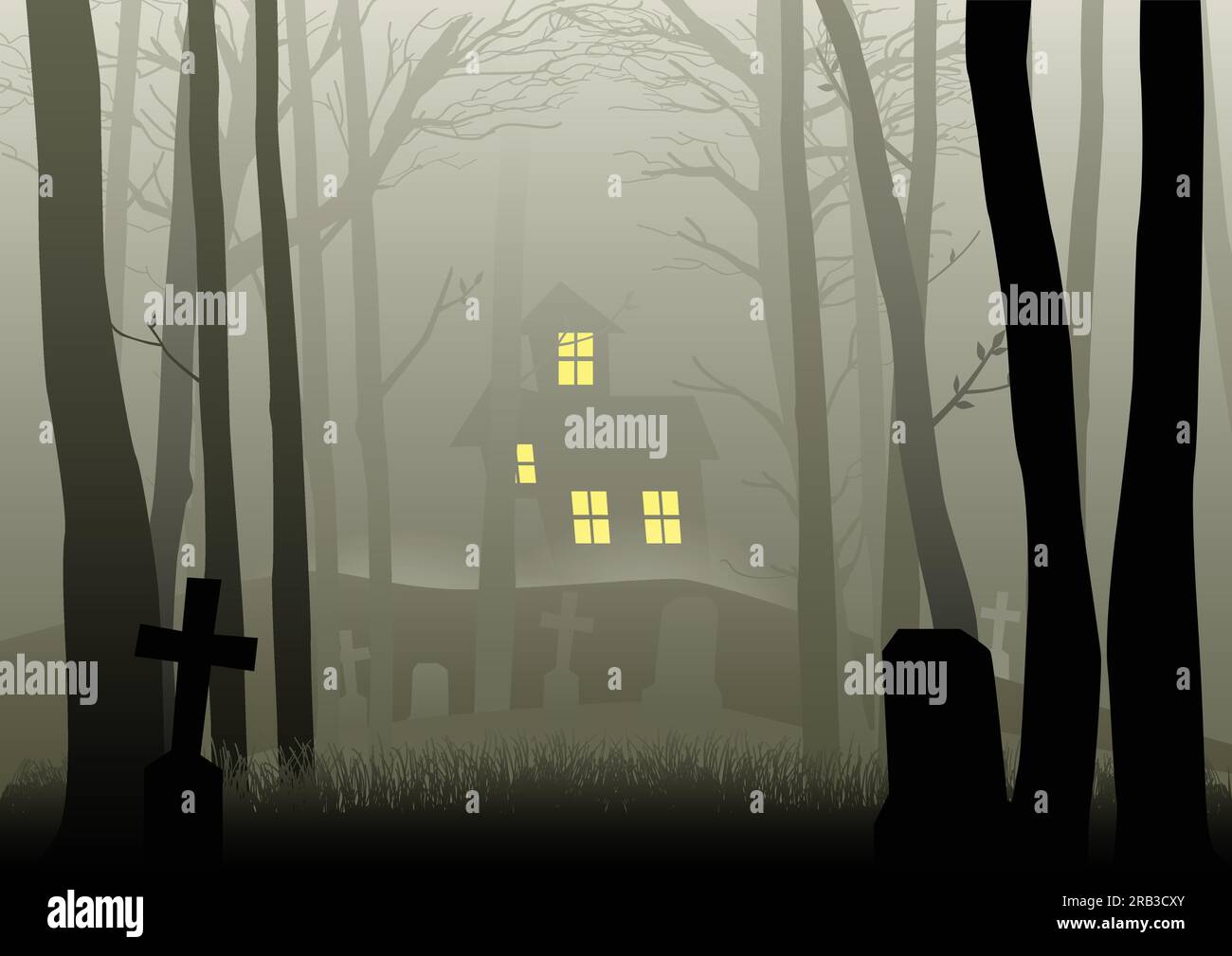 Illustrazione della silhouette di una casa spaventosa e cimitero nei boschi scuri, per tema Halloween o sfondo Illustrazione Vettoriale