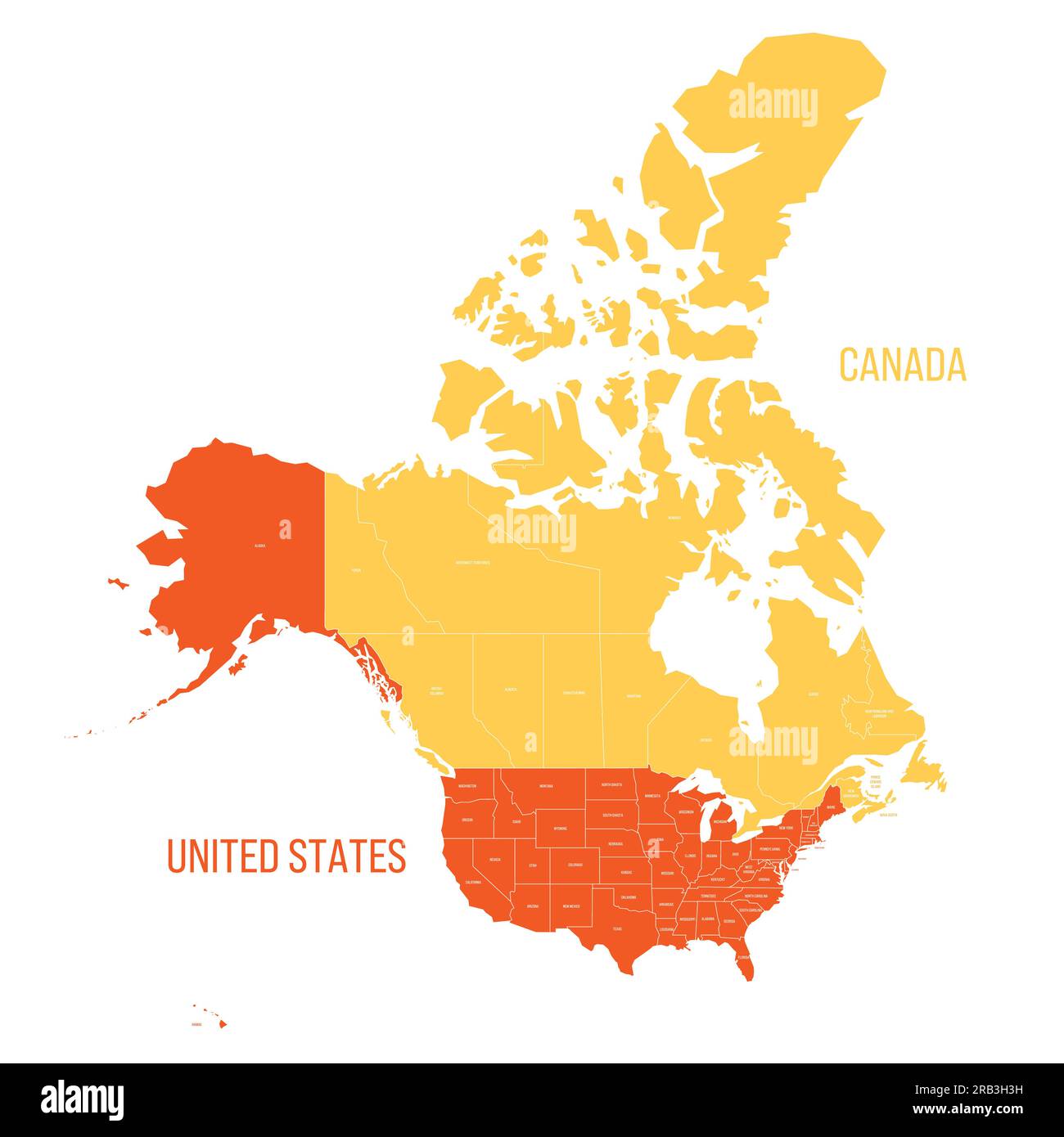 Mappa politica degli Stati Uniti e del Canada delle divisioni amministrative. Mappa vettoriale colorata con etichette. Illustrazione Vettoriale
