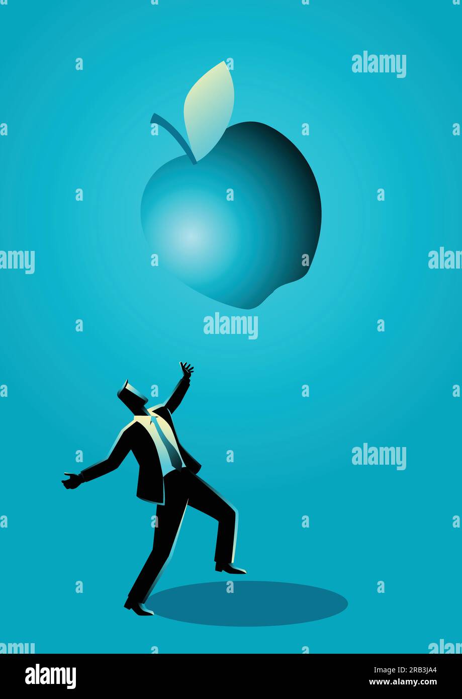 Illustrazione di concetto di business di un uomo d'affari che riceve una mela caduta grande, per invenzione, concetto di grandi idee Illustrazione Vettoriale