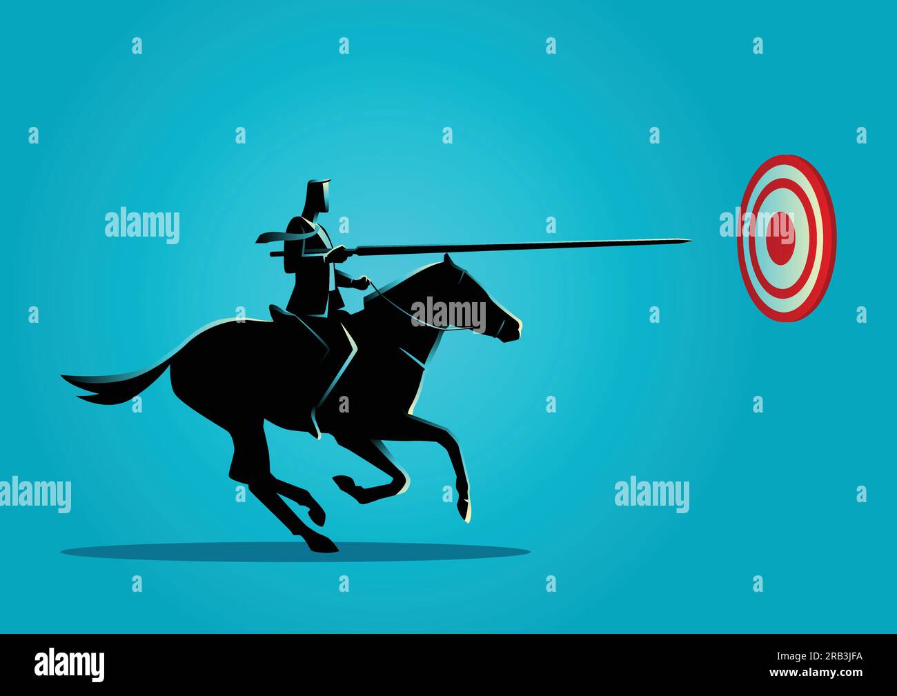 Illustrazione di concetto di affari di un uomo d'affari su carica di cavallo in una giostra con lancia che prova a colpire l'obiettivo Illustrazione Vettoriale