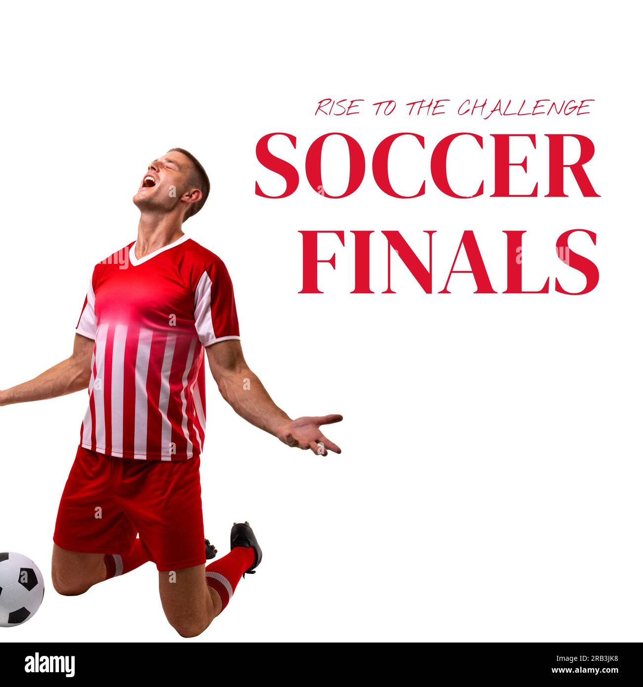 Composito di finali di calcio alzare al testo sfida su calcio maschile caucasico con palla Foto Stock