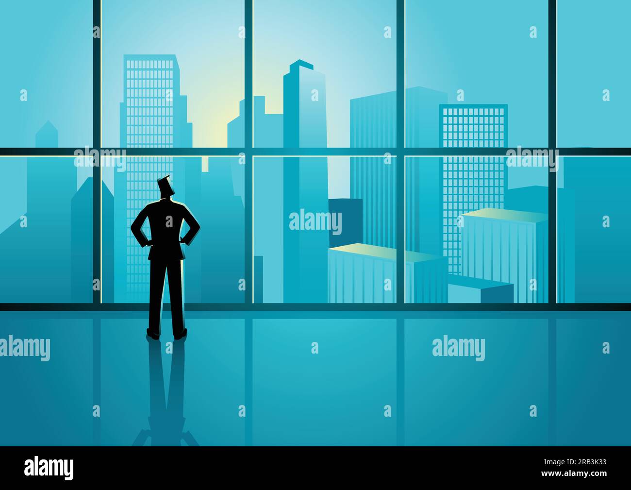 Illustrazione di concetto di business di un uomo d'affari sicuro che guarda sul paesaggio urbano attraverso la finestra Illustrazione Vettoriale