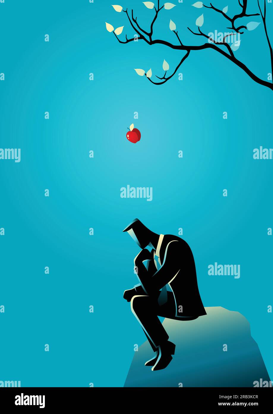 Illustrazione di concetto di affari di una mela che cade all'alba alla testa di un uomo d'affari pensante Illustrazione Vettoriale