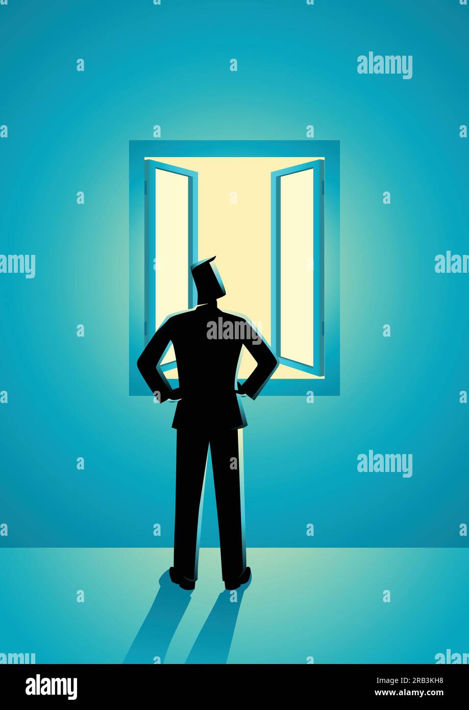 Illustrazione di concetto di affari di uomo d'affari che guarda attraverso la finestra Illustrazione Vettoriale