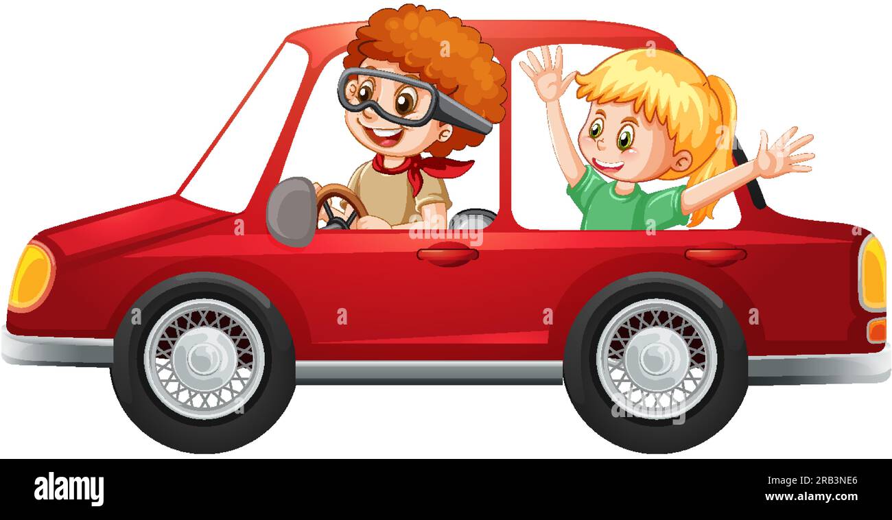 Due bambini che guidano un'auto rossa Illustrazione Vettoriale