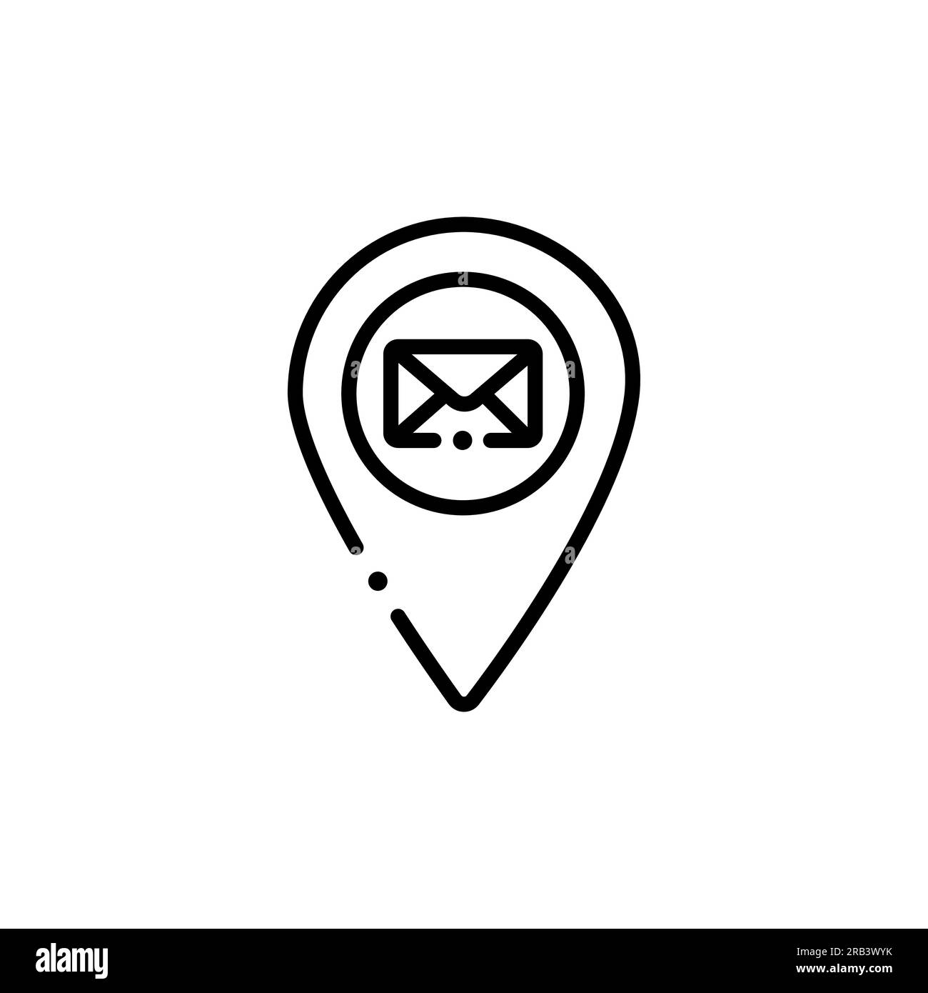 Puntatore della mappa della posizione dell'ufficio postale, icona a forma di busta con puntino di posizione, simbolo nero isolato su sfondo bianco, semplice marcatore vettoriale Illustrazione Vettoriale