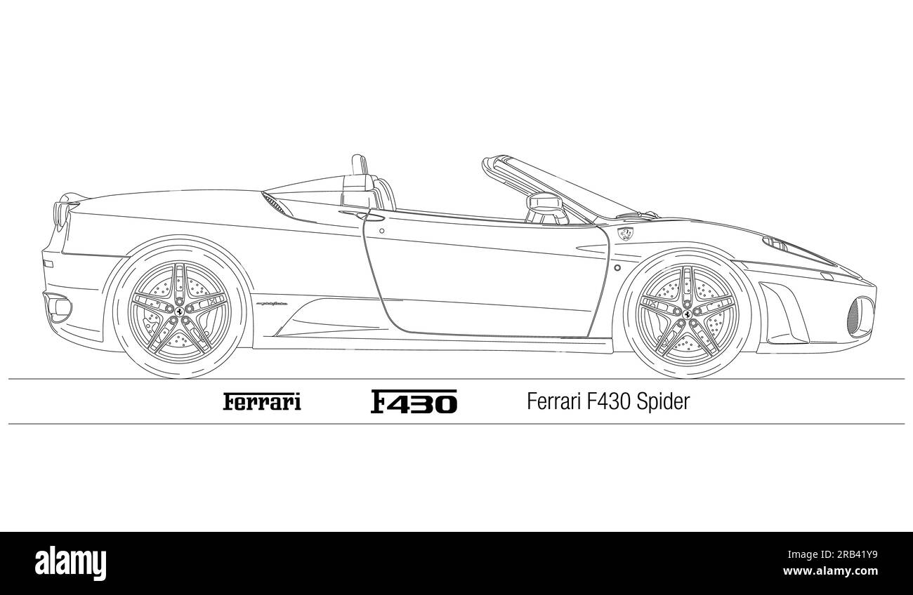 Maranello, Modena, Italia, anno 2005, Ferrari F430 Spider, auto sportiva d'epoca, sagoma delineata, illustrazione vettoriale Foto Stock