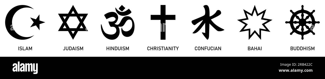Simboli della religione mondiale. Islam, Ebraismo, Cristianesimo, Induismo, Buddismo, Confucianesimo, Bahaismo. Illustrazione vettoriale Illustrazione Vettoriale