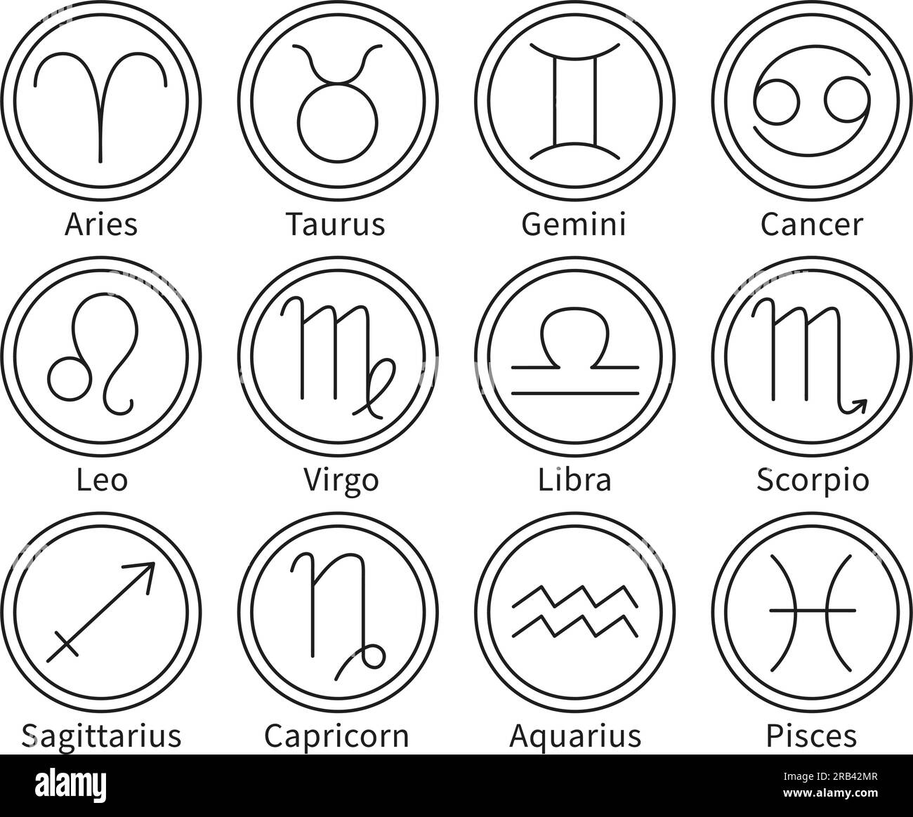 Segni di Zodiaco. Oroscopo simboli astrologici, minimalista line art icone spirituali astrologiche set vettoriale Illustrazione Vettoriale