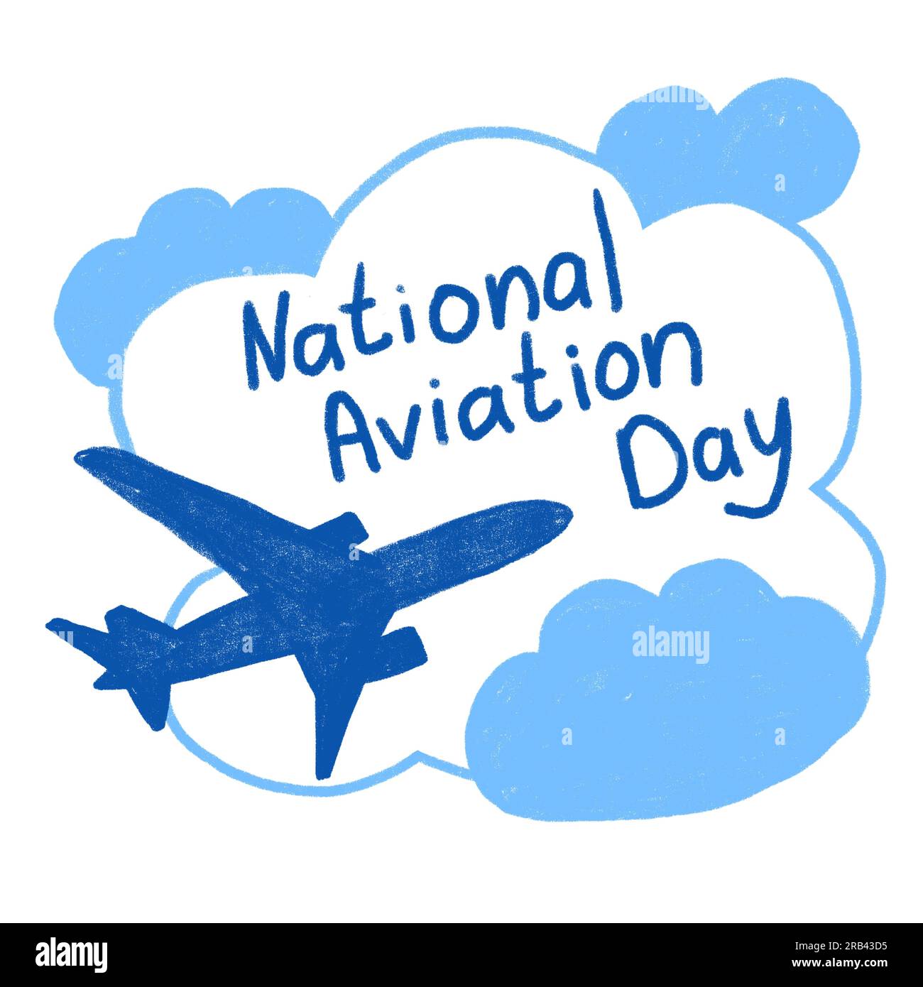 Illustrazione a mano di National Aviation dau, usa august. Aereo a reazione blu turchese con cielo nuvole, poster banner per cartoni animati simbolo delle festività americane Foto Stock