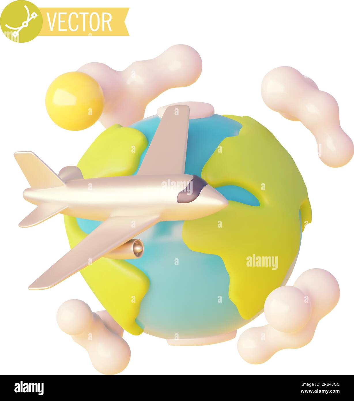 Icona di viaggio in aereo vettoriale. Viaggia intorno al mondo in aereo. Pianeta cartoonesco Terra e aereo, nuvola, sole. Globo verde e blu, volo aereo Illustrazione Vettoriale