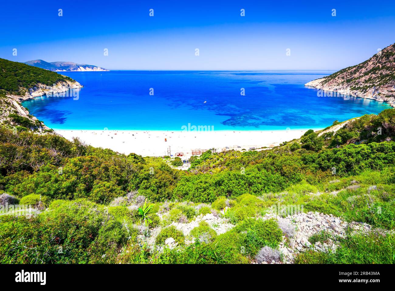 Cefalonia, Grecia. Myrtos Beach, la spiaggia più bella dell'isola e una delle spiagge più belle d'Europa, Cefalonia, Isole IONIE. Foto Stock