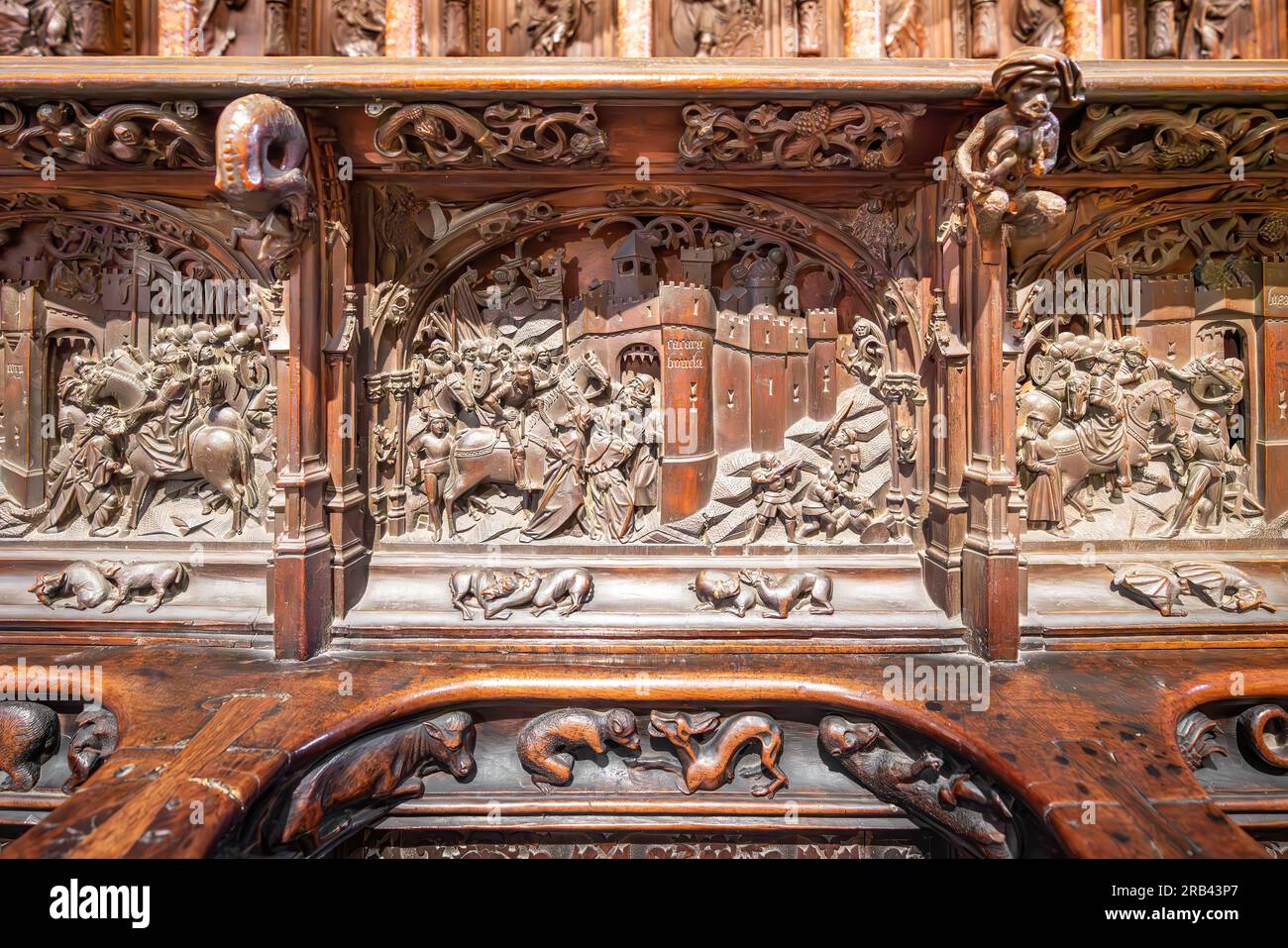 Conquista del rilievo di Casarabonela presso le bancarelle del Coro della Cattedrale di Toledo - Toledo, Spagna Foto Stock