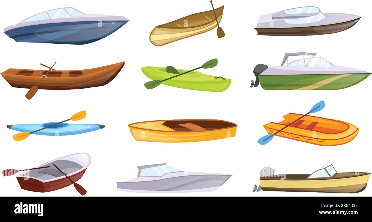 Tipi di barche a cartoni animati. Barche marine con pagaie, canoe colorate e motoscafo per set di illustrazioni vettoriali da pesca Illustrazione Vettoriale