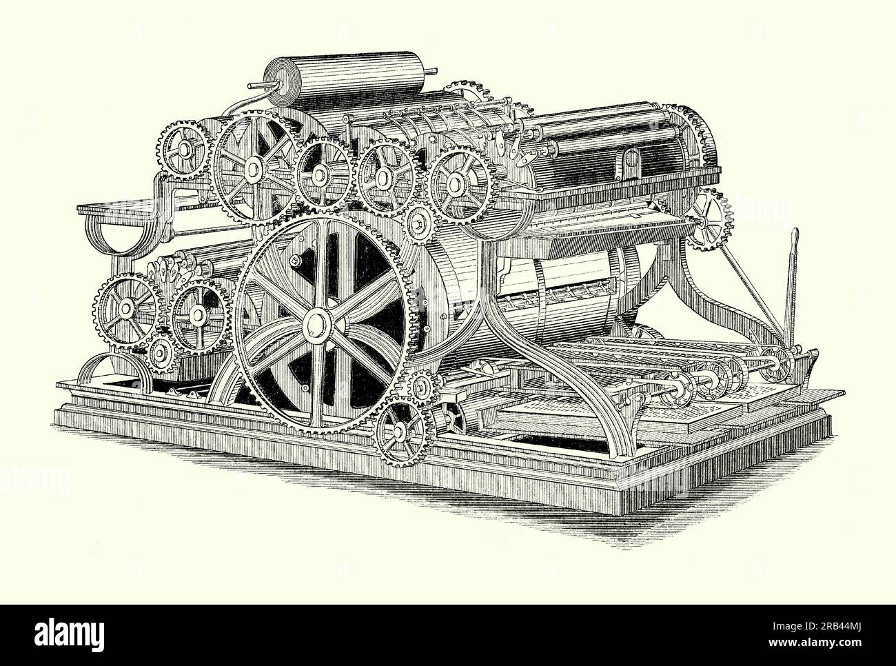 Un'antica incisione di una rotativa a bobina "perfetta" di Bullock degli anni '1860 È tratto da un libro di ingegneria meccanica vittoriana degli anni '1880 William Bullock (1813–1867) è stato un inventore americano i cui miglioramenti del 1863 alla rotativa di Richard March Hoe hanno contribuito a rivoluzionare l'industria della stampa grazie alla sua grande velocità ed efficienza. Richard March Hoe aveva inventato la rotativa nel 1843, ma la stampa di Bullock era un miglioramento rispetto al design di Hoe. La pressa Bullock consentiva l'alimentazione automatica di grandi rotoli di carta continui attraverso i rulli, eliminando l'alimentazione manuale. Foto Stock