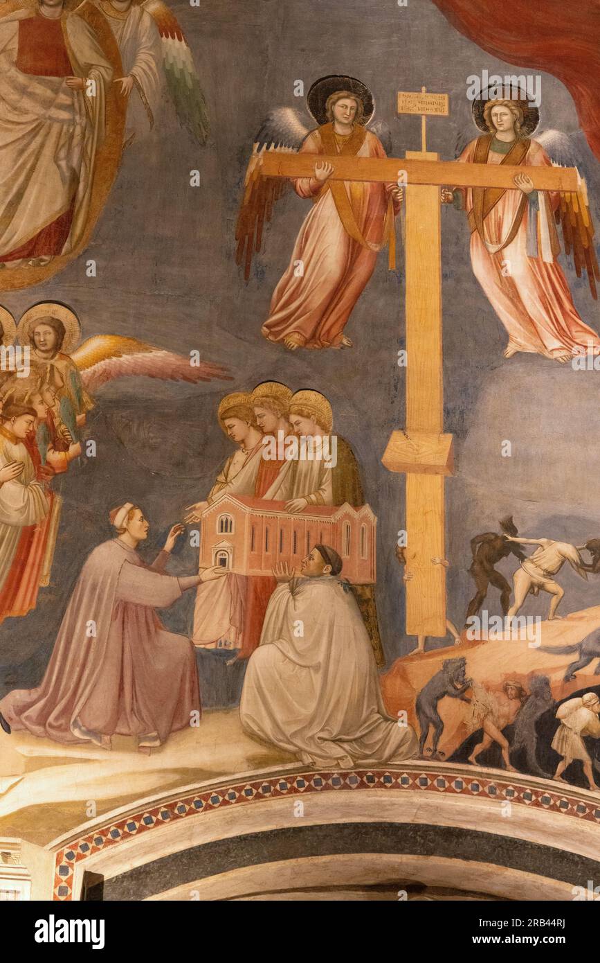 Affresco di Giotto, Cappella degli Scrovegni, Padova - dipinti rinascimentali italiani del XIV secolo - dettaglio del "giudizio universale"; affreschi di Giottos. Foto Stock