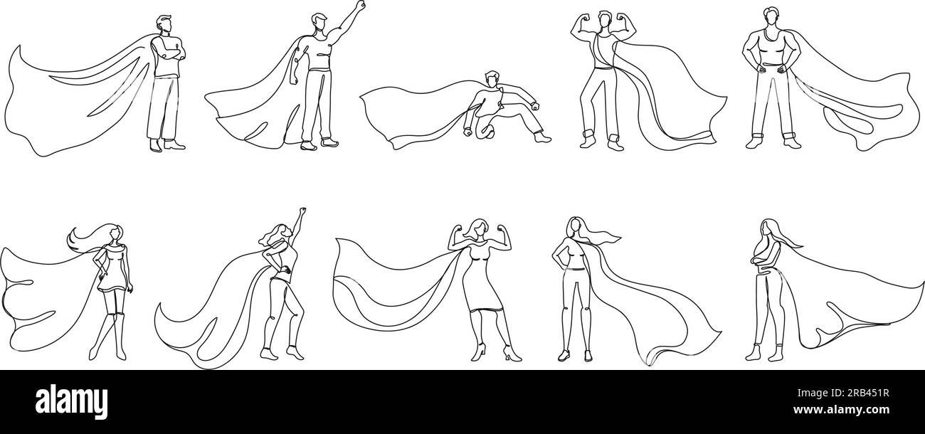 Supereroi a una linea continua. Super donna e uomo con mantello in tessuto eroico, leader nel set di illustrazioni vettoriali in posa supereroica Illustrazione Vettoriale
