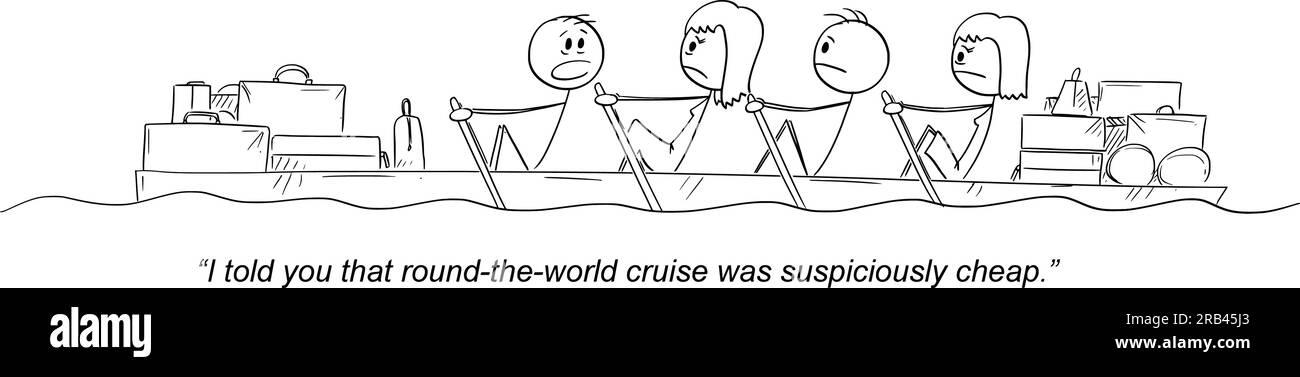 Persone in barca che viaggiano per il mondo a buon mercato , illustrazioni di personaggi con cartoni animati Vector Gag Illustrazione Vettoriale