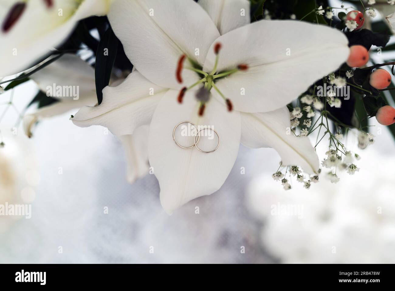 Hochzeitsringe auf einer Weißen Blume Foto Stock