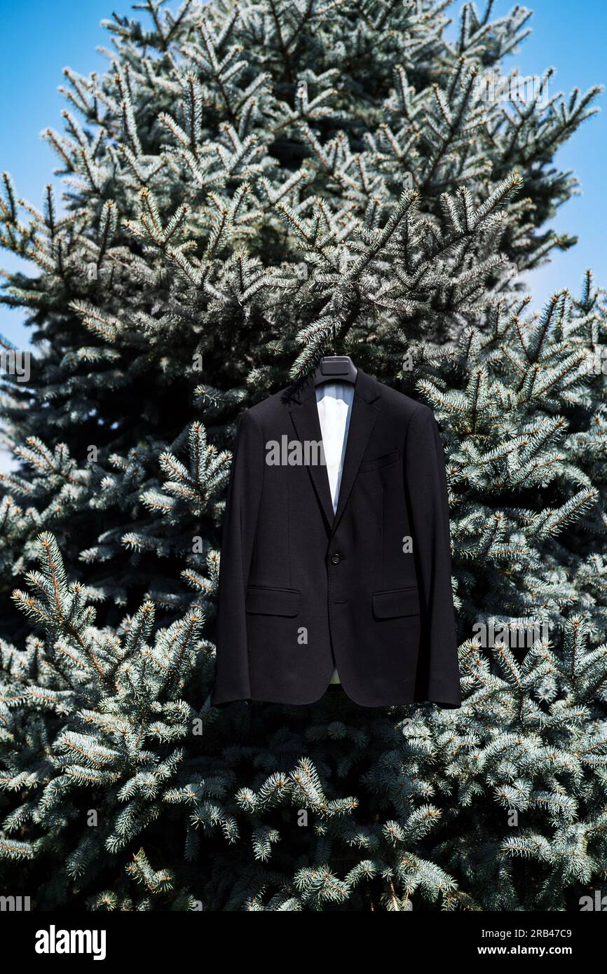 Hochzeitsanzug hängt auf einem tollen Tannenbaum Foto Stock