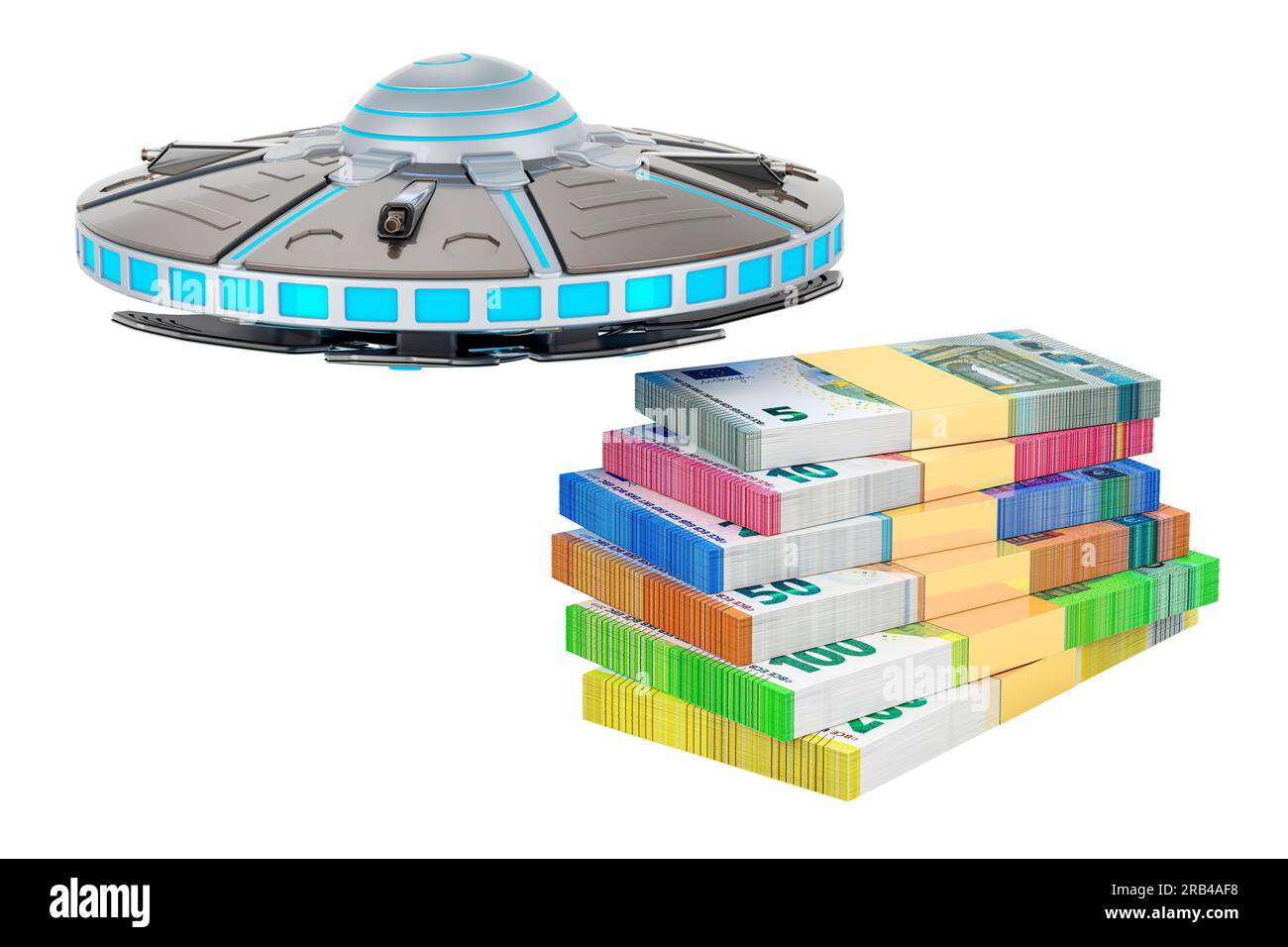 UFO con pacchetti euro. Rendering 3D isolato su sfondo bianco Foto Stock