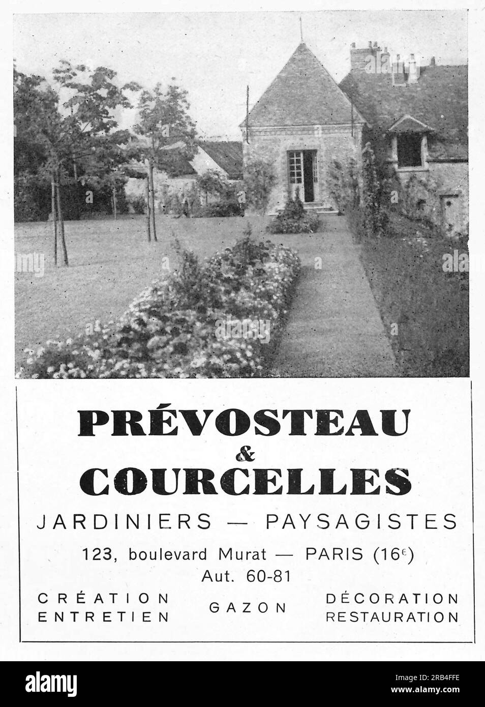 Prevosteau Courcelles Jardiniers paysagistes, landscape design, giardinaggio, giardinieri, giardini pubblicitari su una rivista francese 1950 Foto Stock