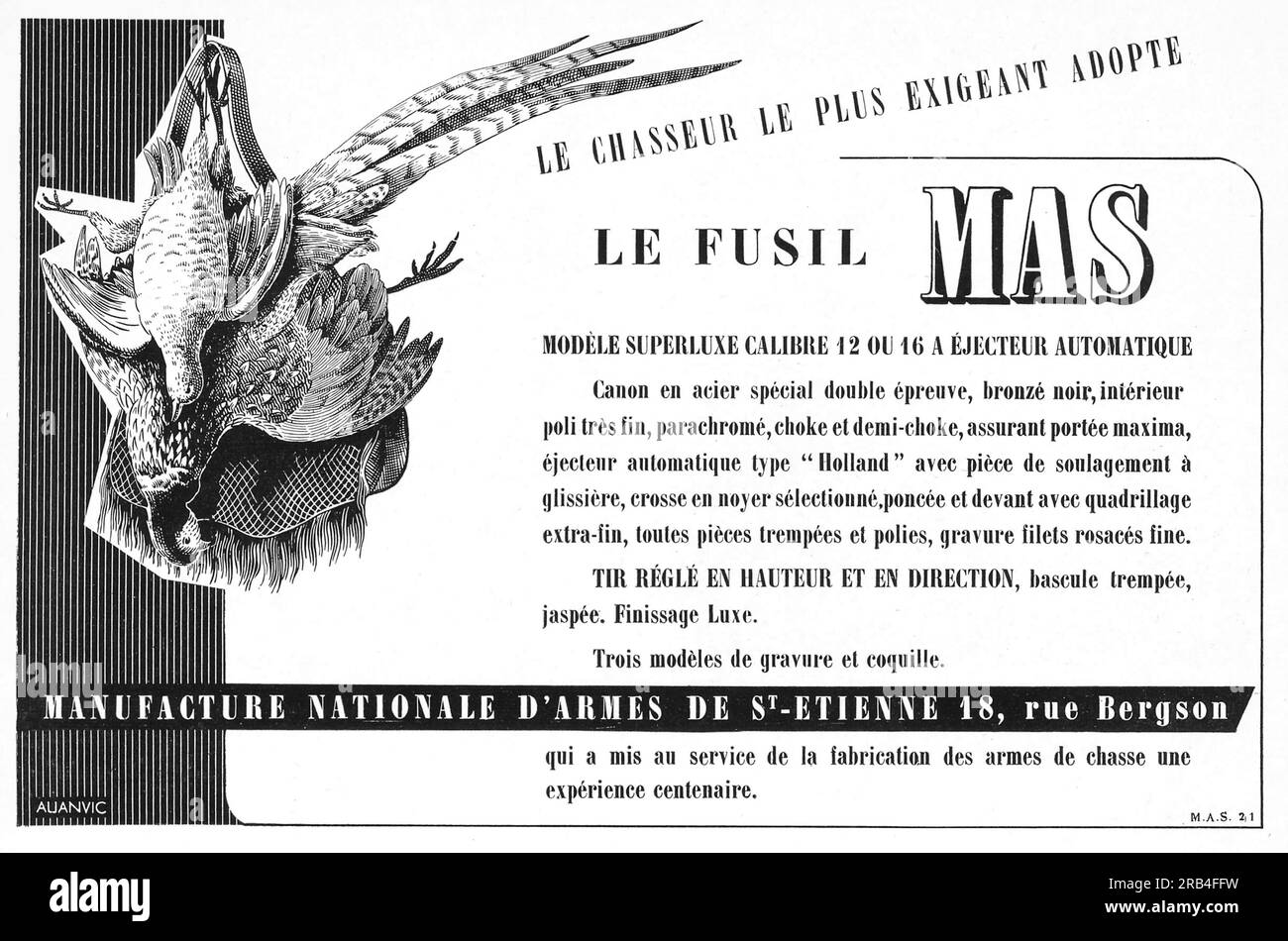 La Manufacture d'Armes de Saint-Étienne, le Fusil MAS, Hunting Weapons, Hunting Guns Advertisiment in una rivista francese 1950 Foto Stock