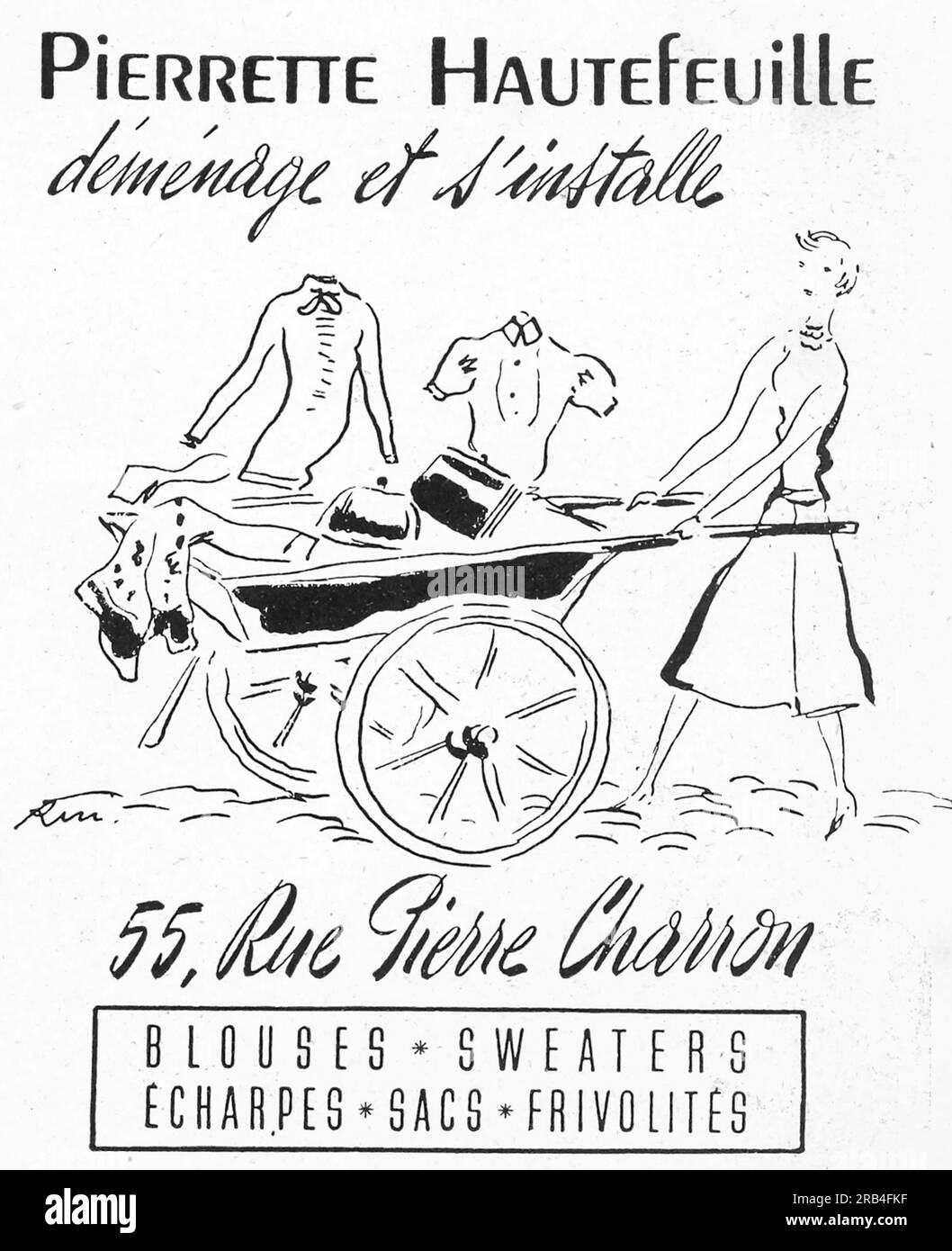Pubblicità di abbigliamento e accessori Pierrette Hautefeuille su una rivista francese 1950 Foto Stock