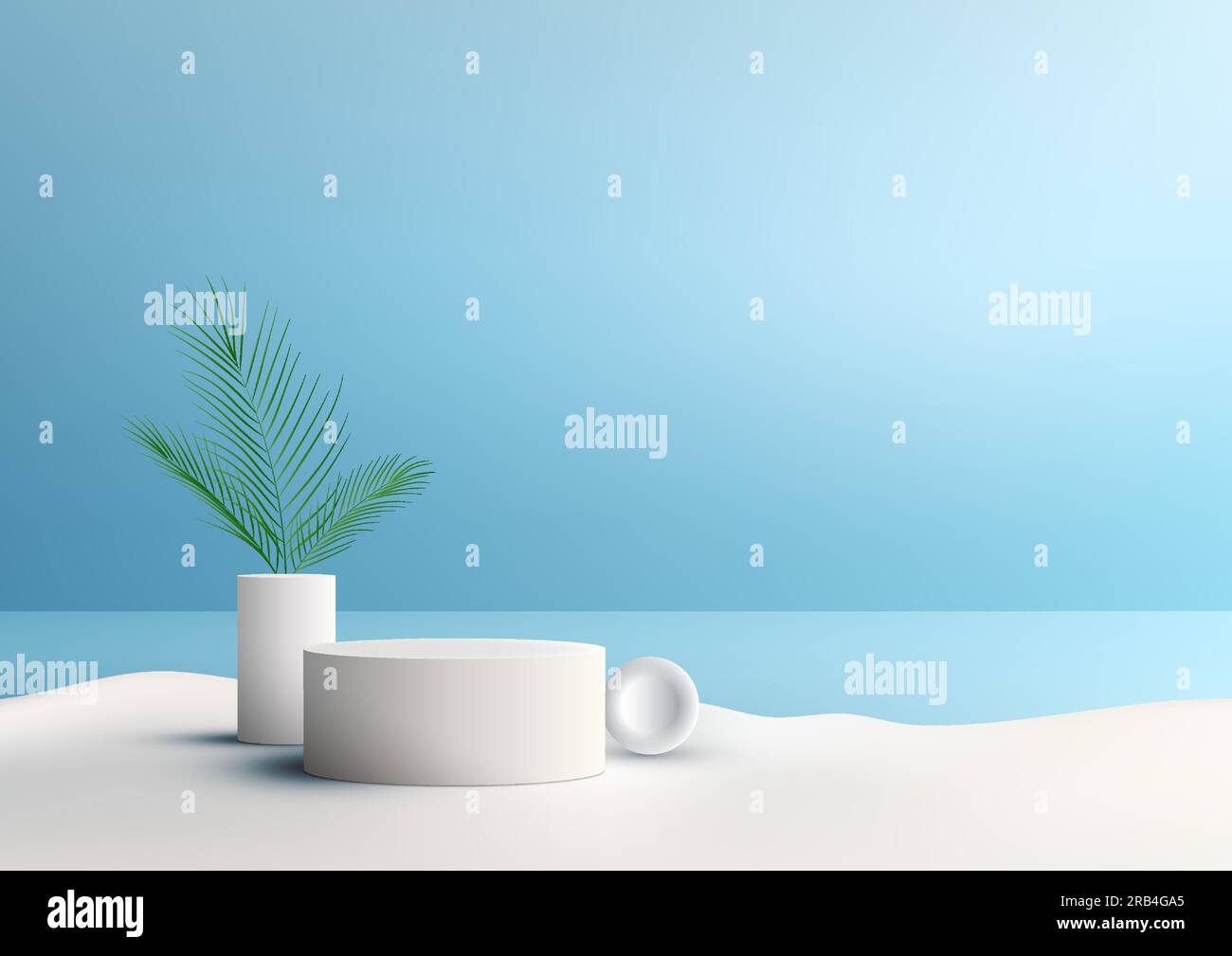 Scopri un concetto estivo moderno con questo piedistallo 3D in bianco e realistico. Con foglie di palma verdi contro un accattivante sk blu Illustrazione Vettoriale