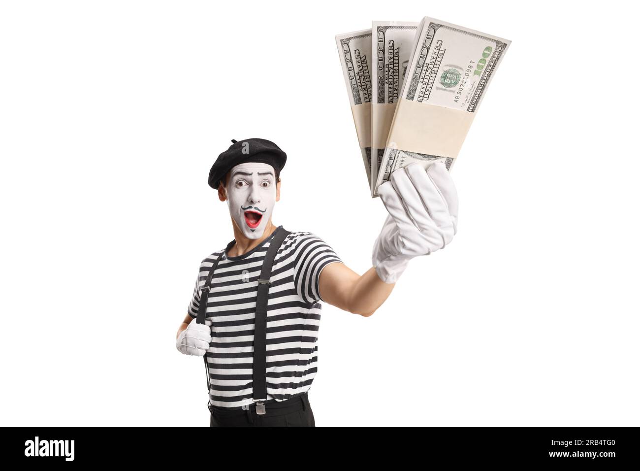 MIME contenente pile di denaro isolate su sfondo bianco Foto Stock