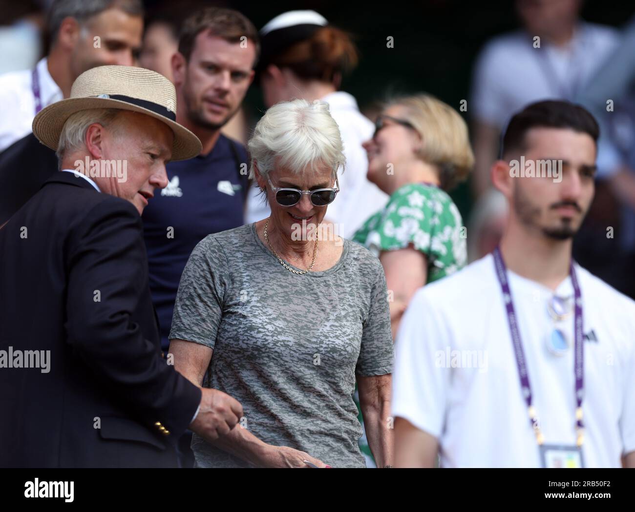 Judy Murray nel quinto giorno dei campionati di Wimbledon 2023 all'All England Lawn Tennis and Croquet Club di Wimbledon. Data immagine: Venerdì 7 luglio 2023. Foto Stock