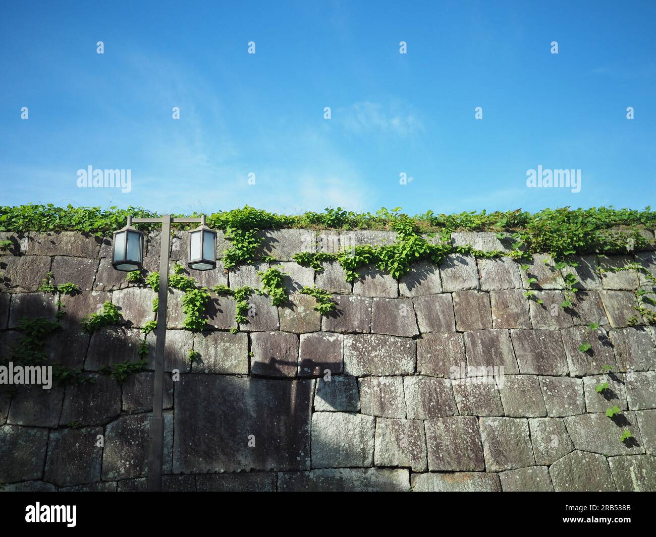 vecchio muro di pietra ricoperto da pianta verde con lampada e cielo Foto Stock
