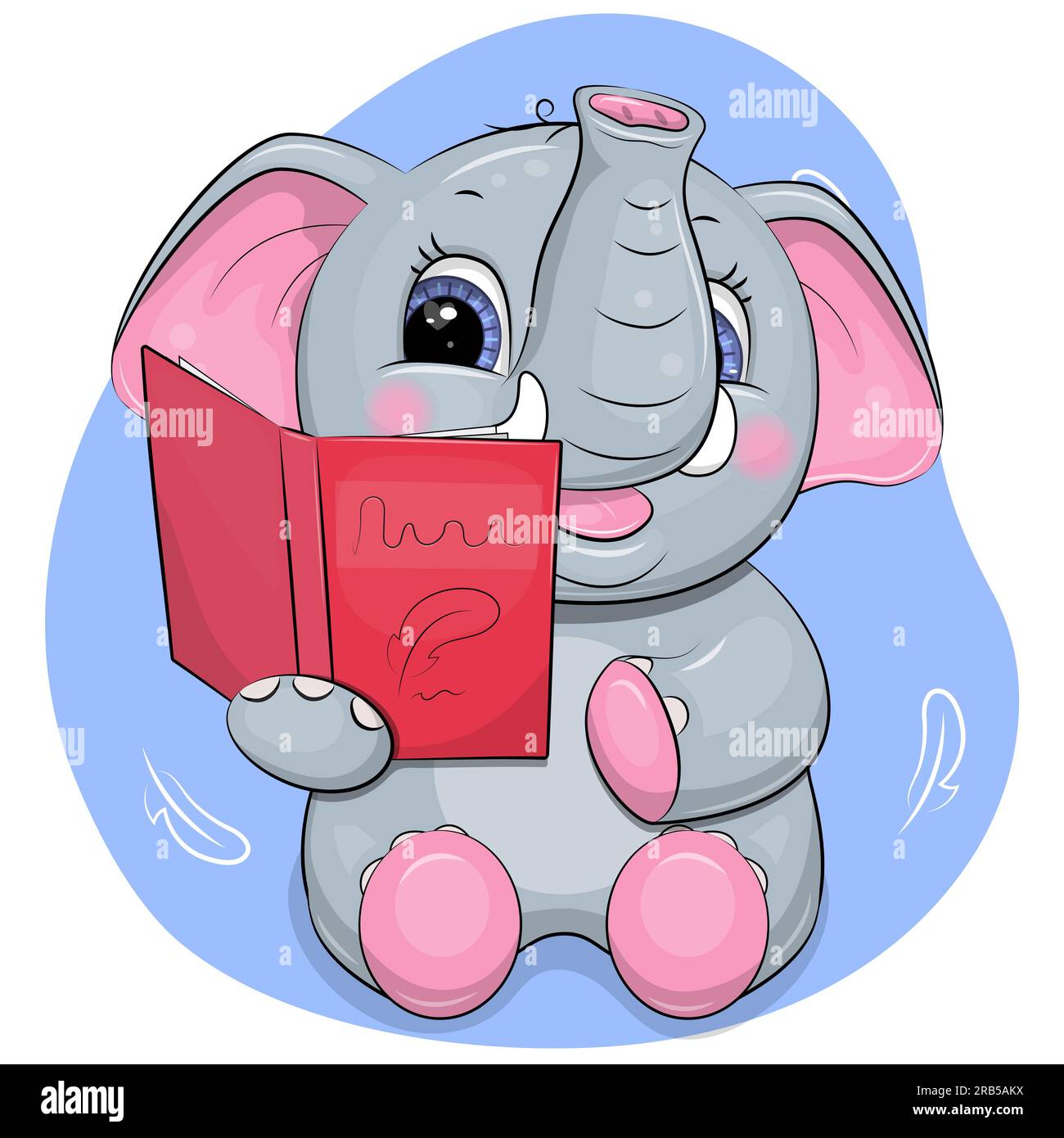 Carino elefante grigio cartoni animati legge un libro rosso. Illustrazione vettoriale di un animale su sfondo blu. Illustrazione Vettoriale