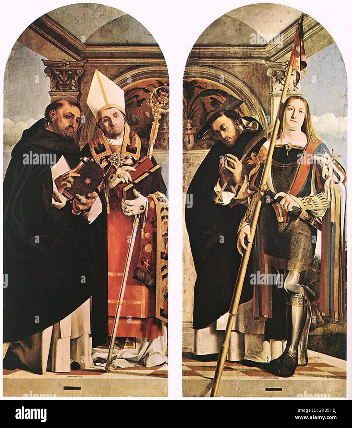 STS Tommaso d'Aquino e Flaviano, Santi Pietro il Martire e Vito 1508; Italia di Lorenzo lotto Foto Stock