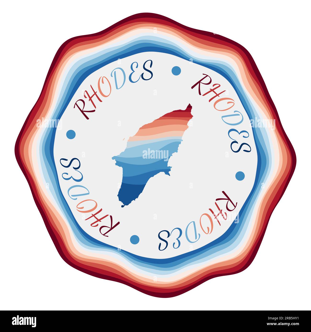Distintivo Rhodes. Mappa dell'isola con splendide onde geometriche e una cornice blu-rossa brillante. Logo Rodi rotondo brillante. Illustrazione vettoriale. Illustrazione Vettoriale