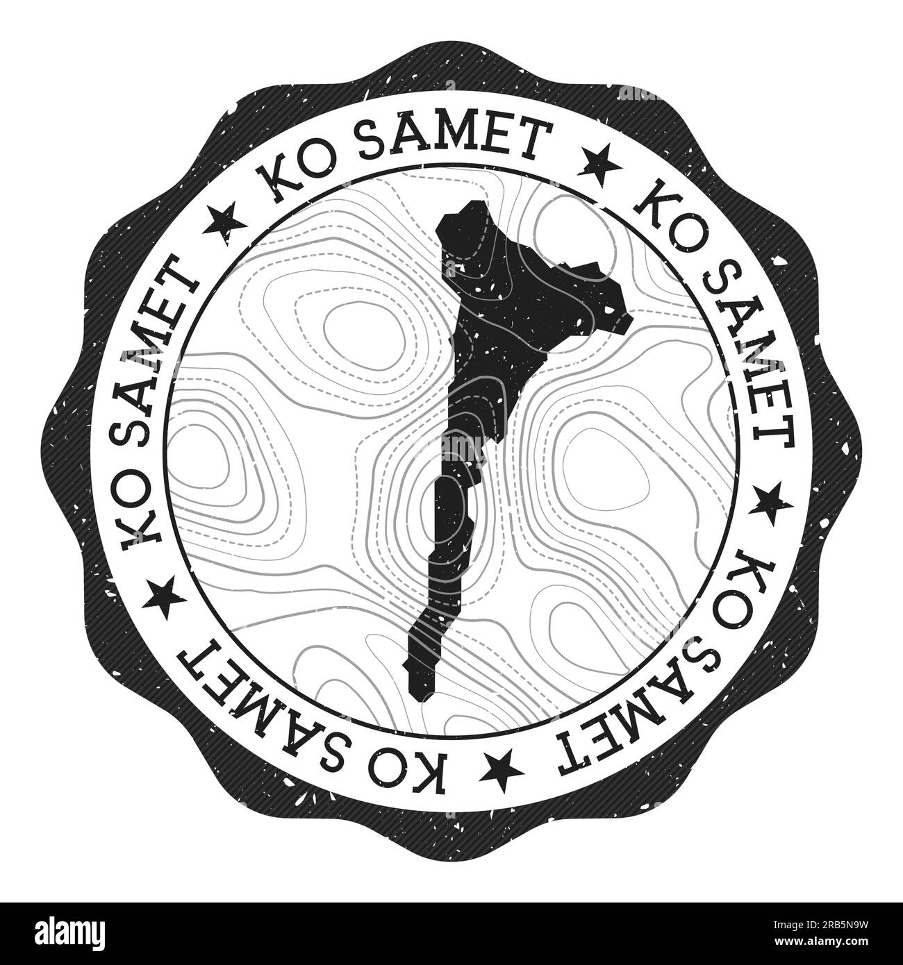 Ko Samet francobollo esterno. Adesivo rotondo con mappa dell'isola con isoline topografiche. Illustrazione vettoriale. Illustrazione Vettoriale