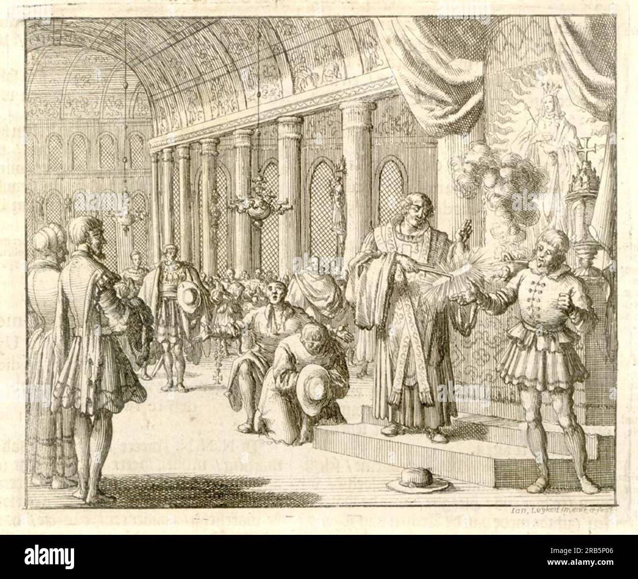 Tortura dei valdesi, costringendoli a tenere un Red Hot Iron Bar, 1214 1685 d.C. di Jan Luyken Foto Stock