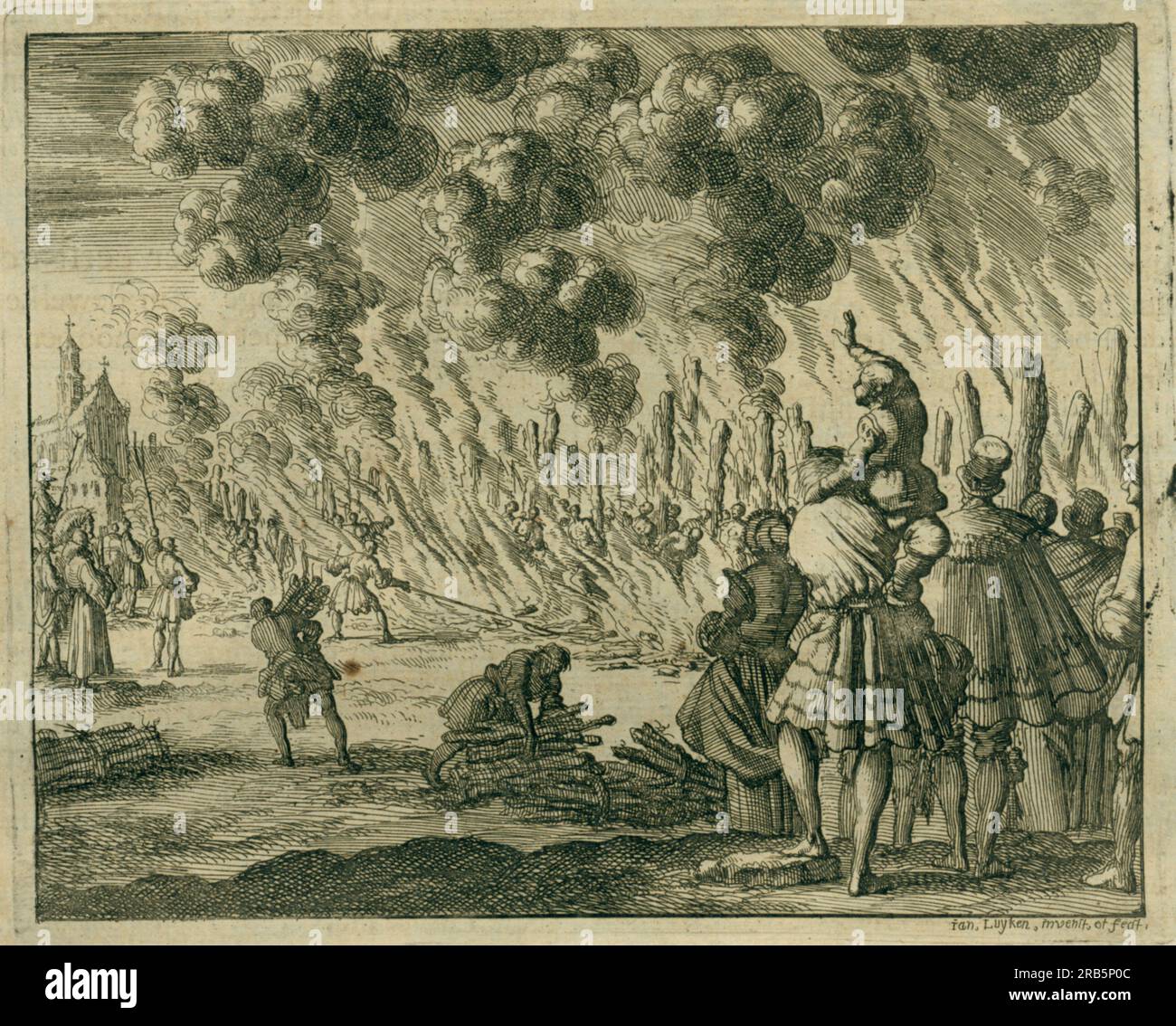 Incendio di 224 valdesi, Tolone, 1243 1684 d.C. da parte di Jan Luyken Foto Stock