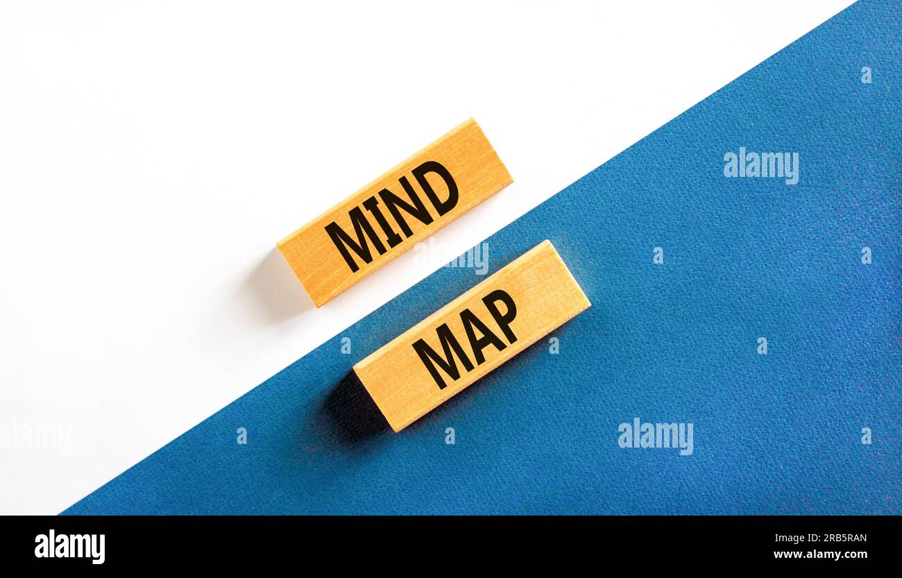 Simbolo della mappa mentale. Concept Words Mind map su blocchi di legno su uno splendido sfondo bianco e blu. Business, supporto, motivazione, psicologico e mi Foto Stock