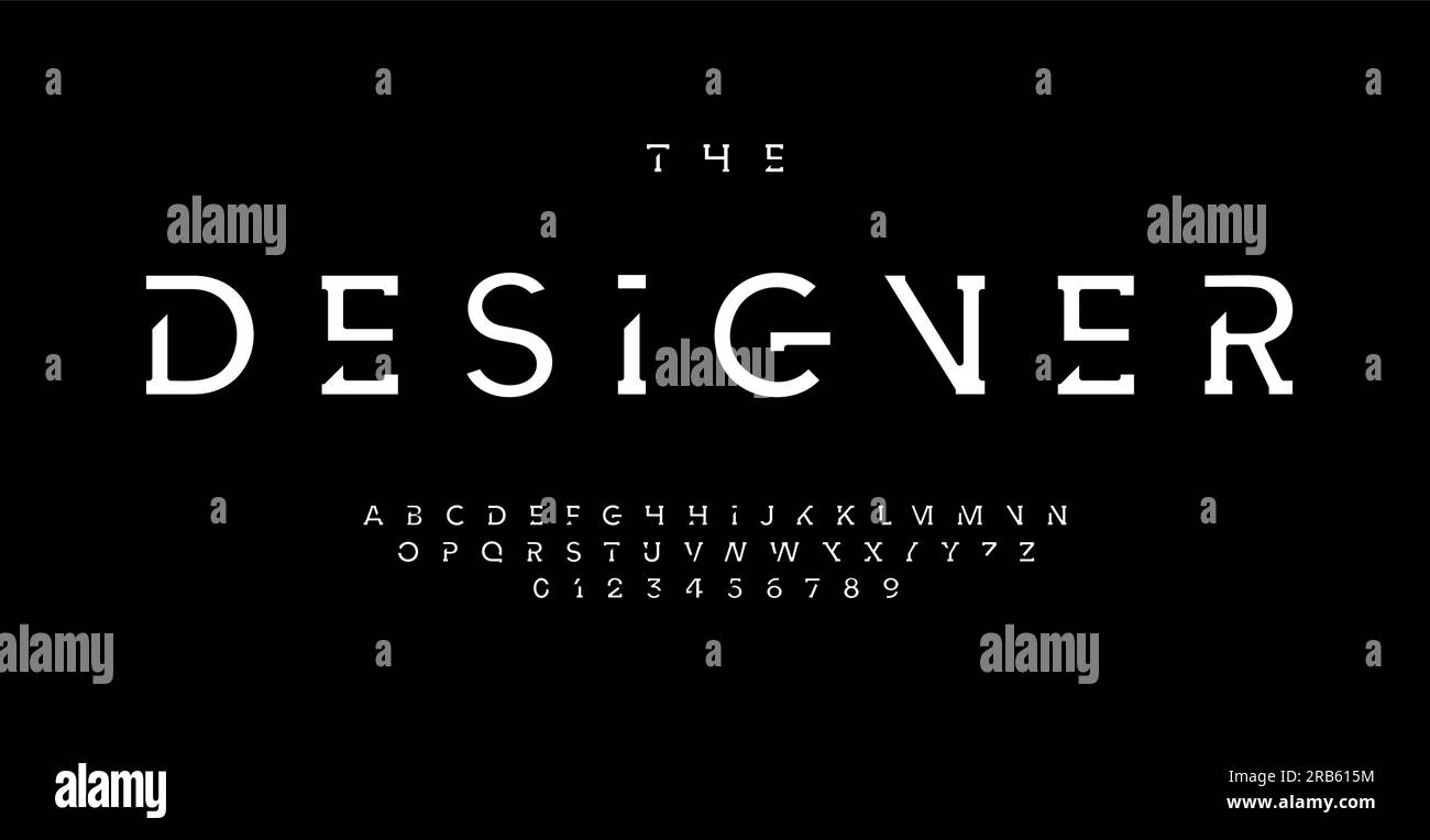 Alfabeto futuristico a forma di stencil, font minimalista high-tech per il logo moderno della tecnologia futura, monogramma, titolo della tecnologia digitale, pulizia innovativa Illustrazione Vettoriale