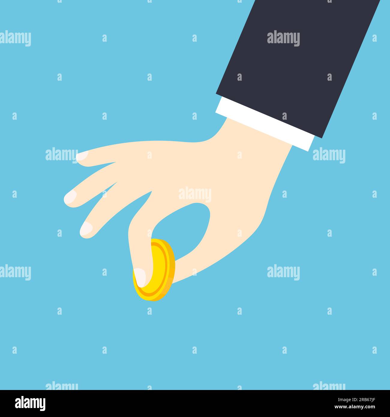 Mano che tiene moneta d'oro. Moneta schiacciata tra le dita. Risparmi di denaro o donazioni. Illustrazione vettoriale isolata in uno stile piatto alla moda. Illustrazione Vettoriale