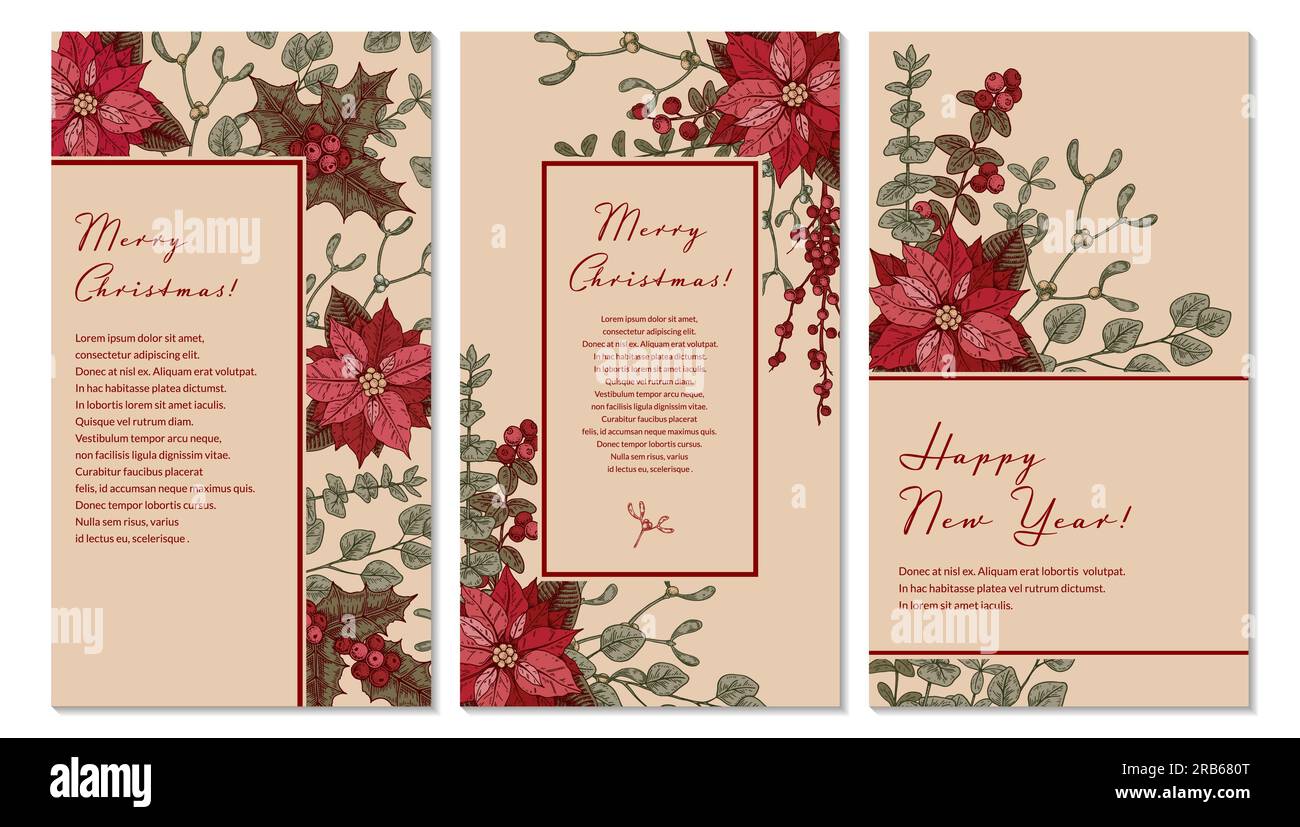 Set di biglietti di auguri verticali di buon Natale e felice anno nuovo con fiori di puntina disegnati a mano e brunch a vischio. Sfondo colorato festoso Illustrazione Vettoriale