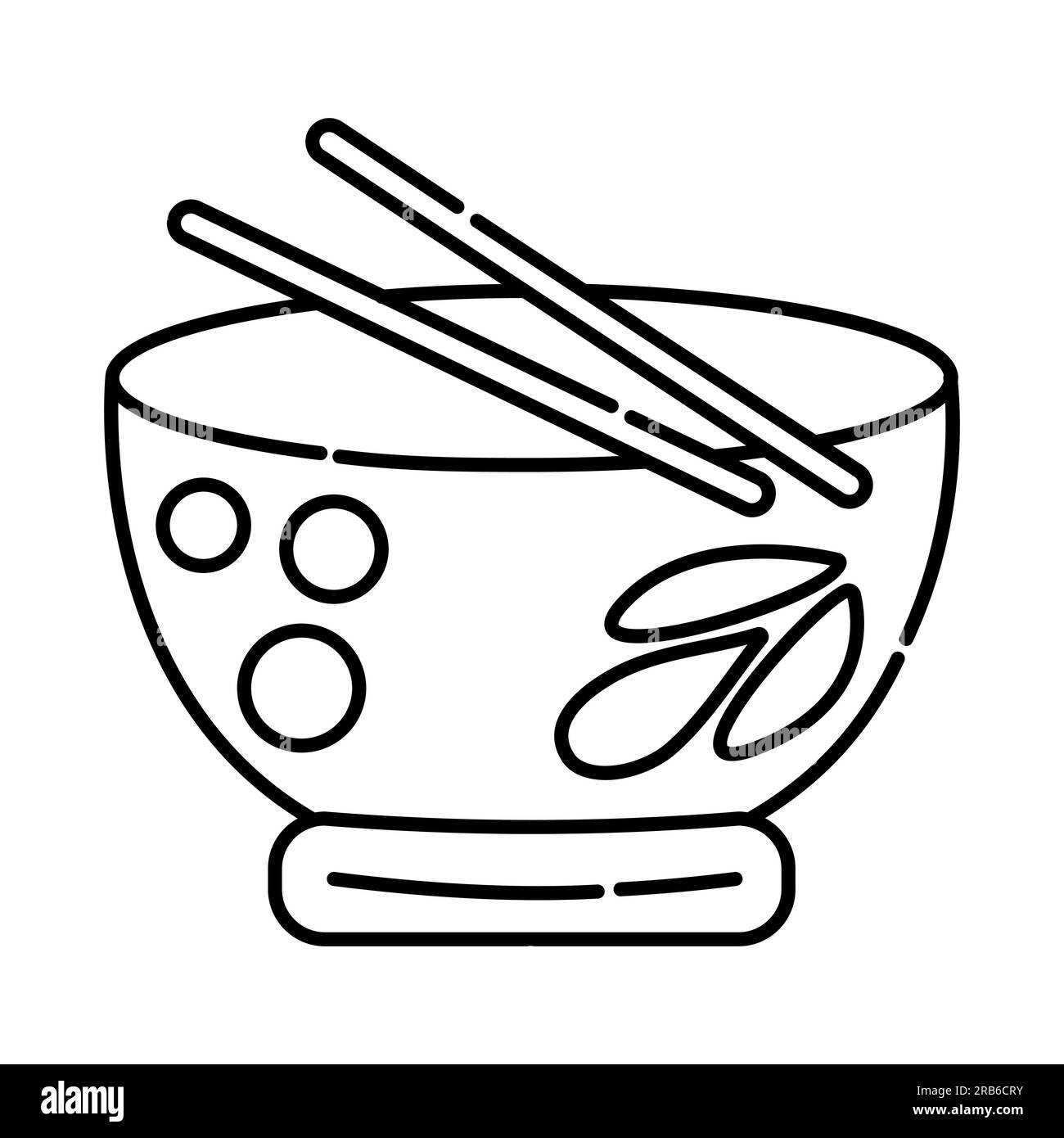 Cibo cinese, ciotola con bastoncini, illustrazione della linea vettoriale in bianco e nero Illustrazione Vettoriale