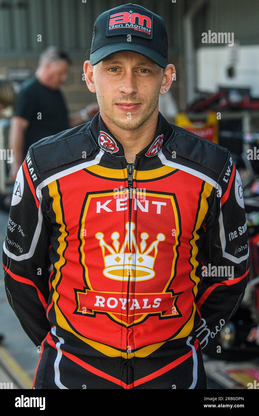 Ben Morley - Kent Iwade Garage Royals durante la partita della National Development League tra Belle Vue Colts e Kent Royals al National Speedway Stadium di Manchester venerdì 7 luglio 2023. (Foto: Ian Charles | mi News) crediti: MI News & Sport /Alamy Live News Foto Stock