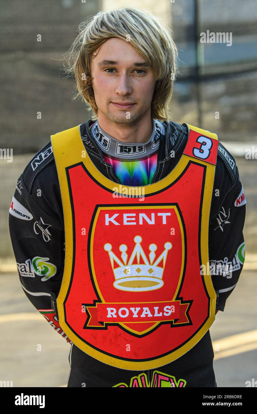 Connor King - Kent Iwade Garage Royals durante la partita della National Development League tra Belle Vue Colts e Kent Royals al National Speedway Stadium di Manchester venerdì 7 luglio 2023. (Foto: Ian Charles | mi News) crediti: MI News & Sport /Alamy Live News Foto Stock