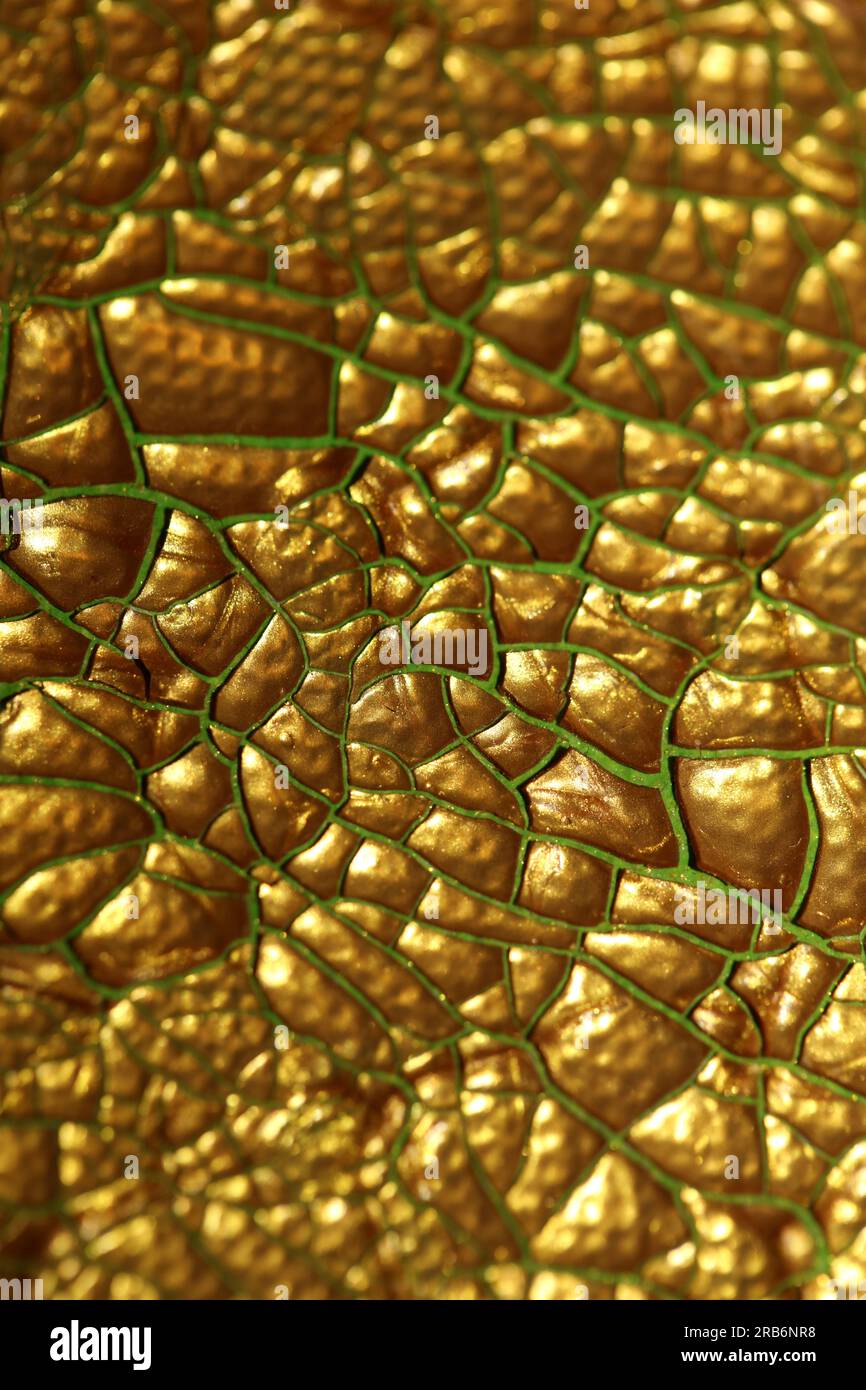 Vernice dorata incrinata su tela macro sfondo moderno stampe istantanee di grandi dimensioni di alta qualità pittura secca astratta corsa all'oro Foto Stock