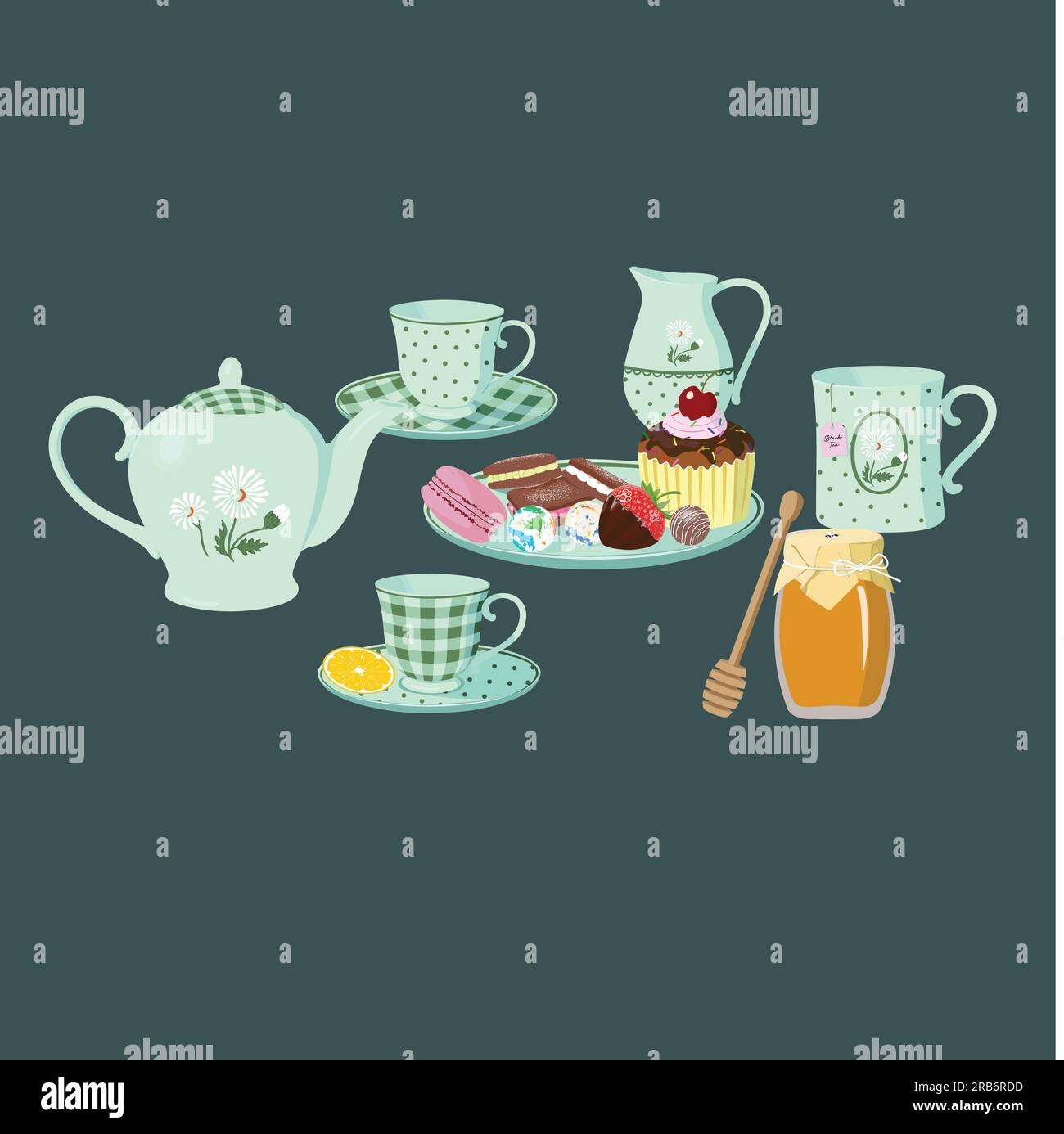 Set tempo tè retrò vettore piatto. Icone del concetto di tè: Teiera, tazza da tè, pasticcini, barattolo di miele, brocca del latte. Illustrazione Vettoriale