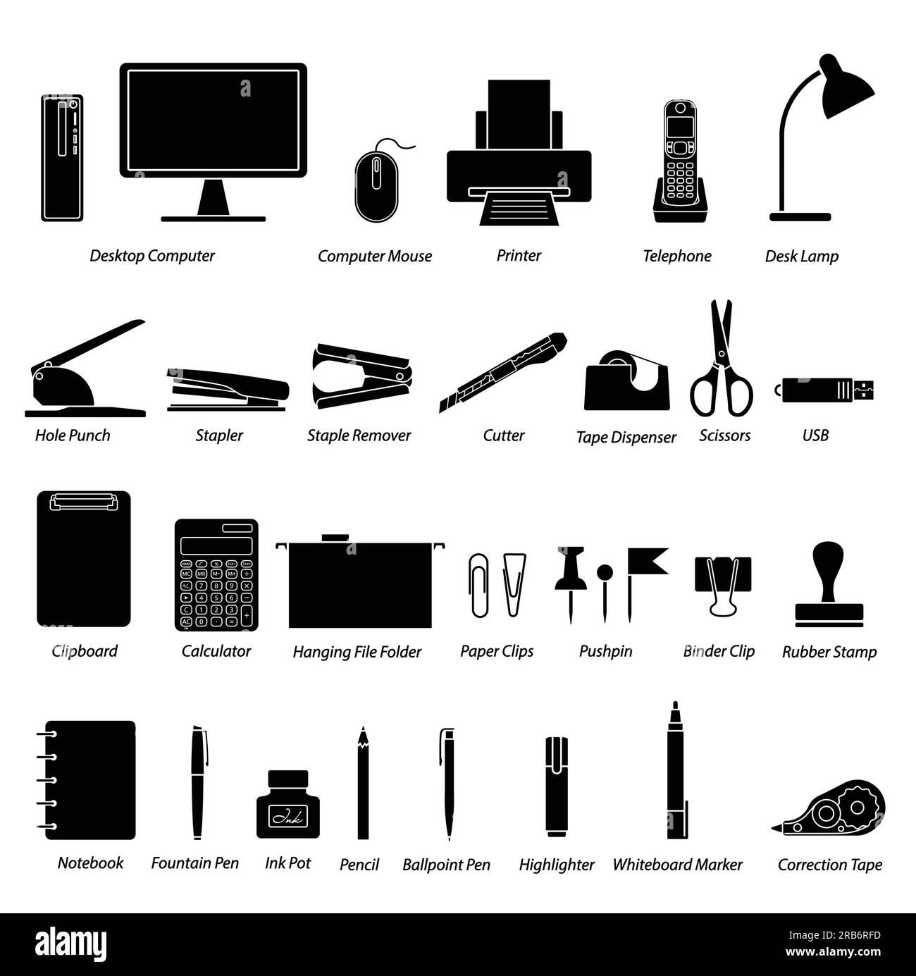 Set di articoli da ufficio con silhouette piatta su sfondo bianco. Icone delle forniture per ufficio con vocabolario. Simboli di cancelleria. Concetto di elementi per ufficio. Illustrazione Vettoriale